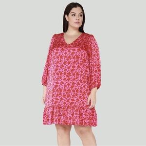 NWT Black Tape_ Hot Pink Roses Floral Ruffle 3/4 Sleeve Swing Dress Plus